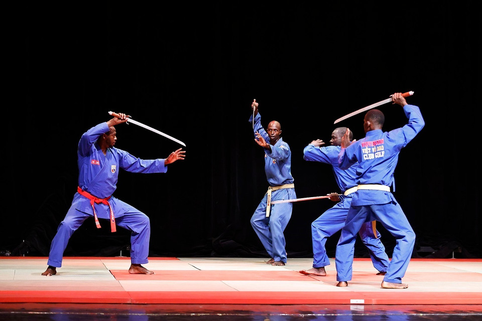 塞内加尔越武道联合会武术学员的表演节目。图自越通社
