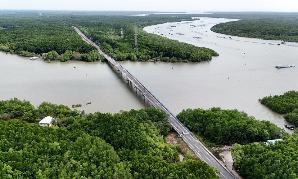 从高空俯瞰穿过芹蒢红树林的林薮路横跨寅建（Dần Xây）江路段。图自越通社