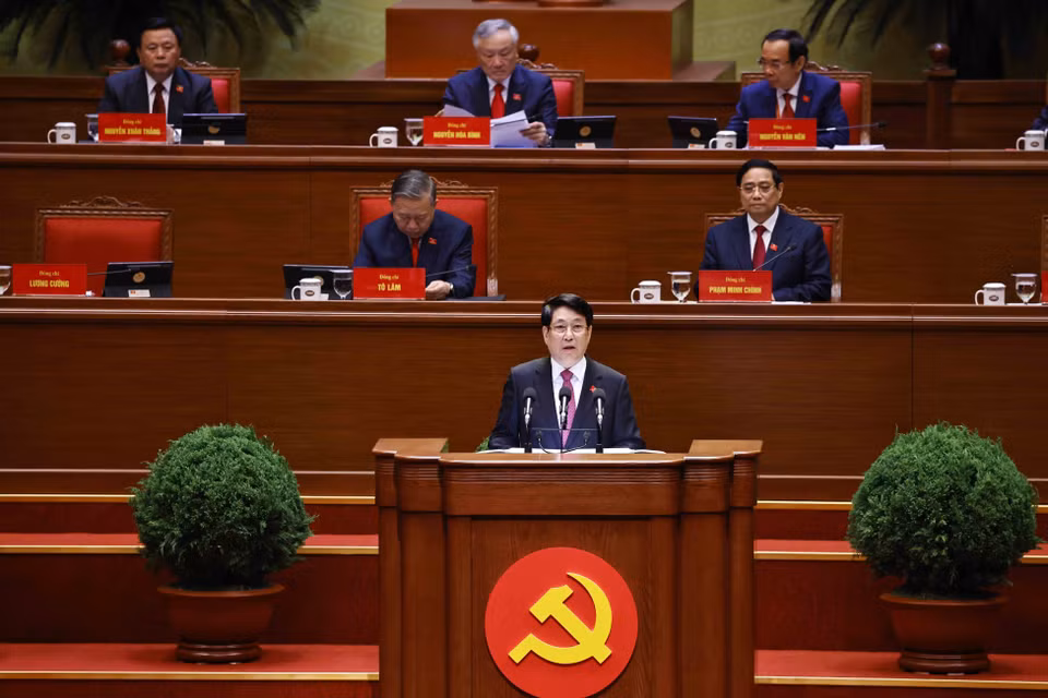 越南国家主席梁强在开幕式上致辞。图自越通社