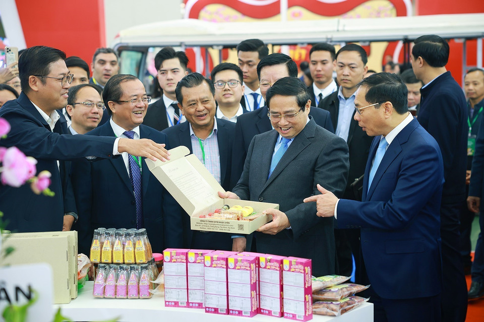 越南政府总理范明政参观2026年首届春季博览会的一乡一品展位。图自越通社