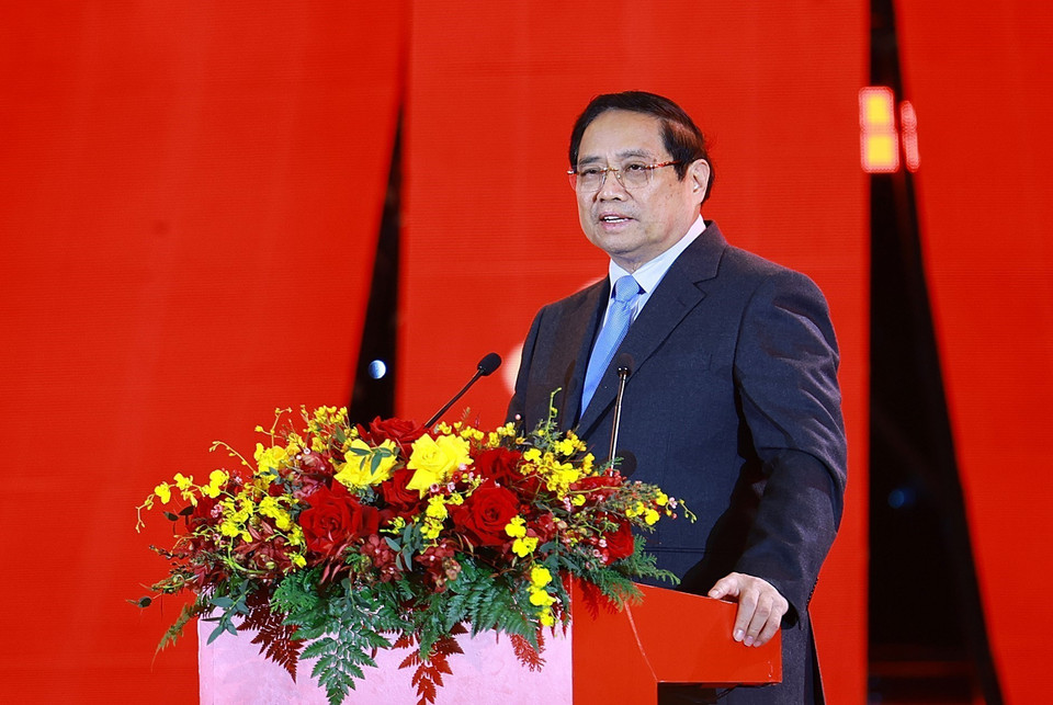 越南政府总理范明政在2026年首届春季博览会开幕式上发表讲话。图自越通社