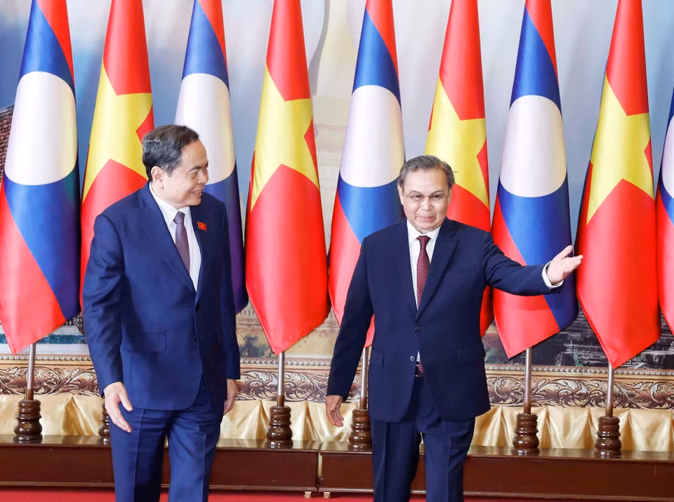 越南国会主席陈青敏会见老挝国会主席赛宋蓬·丰威汉。图自越通社