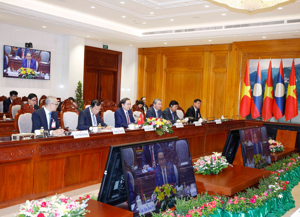 越南国会主席陈青敏会见老挝国会主席赛宋蓬·丰威汉。图自越通社