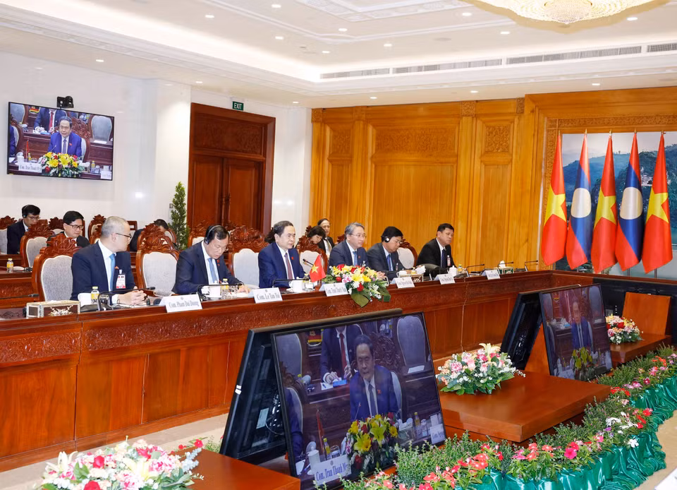 越南国会主席陈青敏会见老挝国会主席赛宋蓬·丰威汉。图自越通社