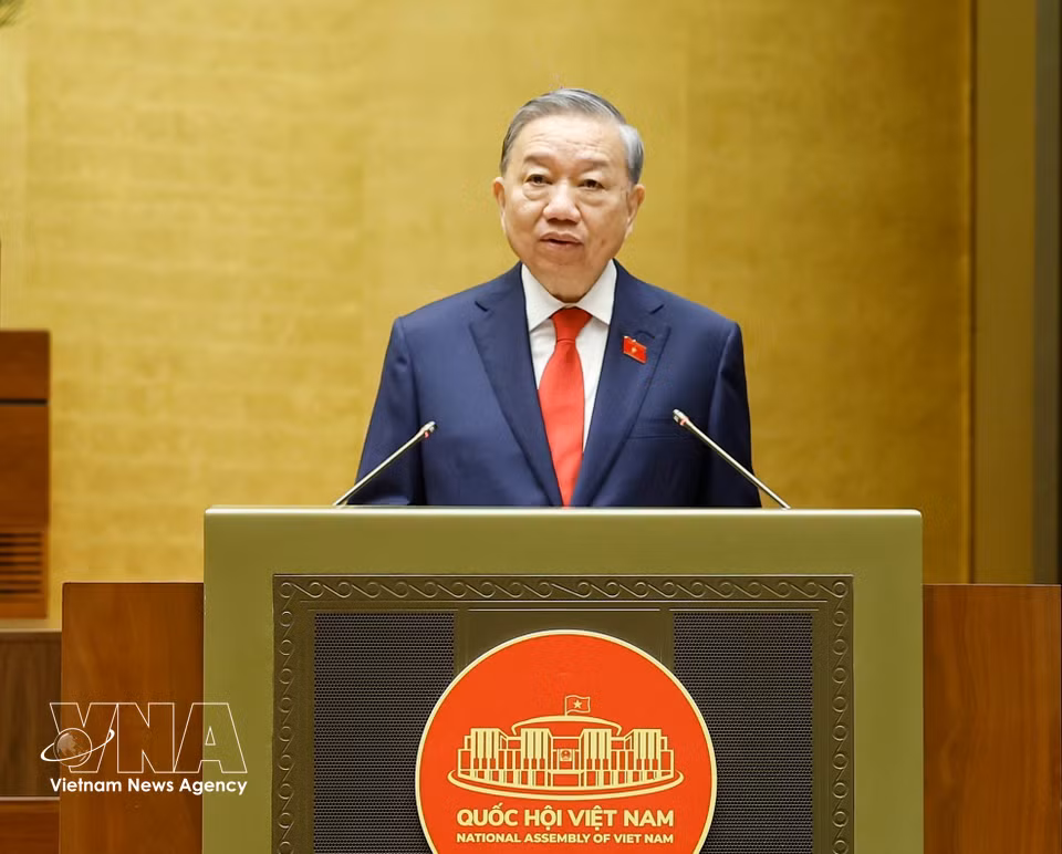 越南社会主义共和国国家主席苏林发表就职讲话。图自越通社
