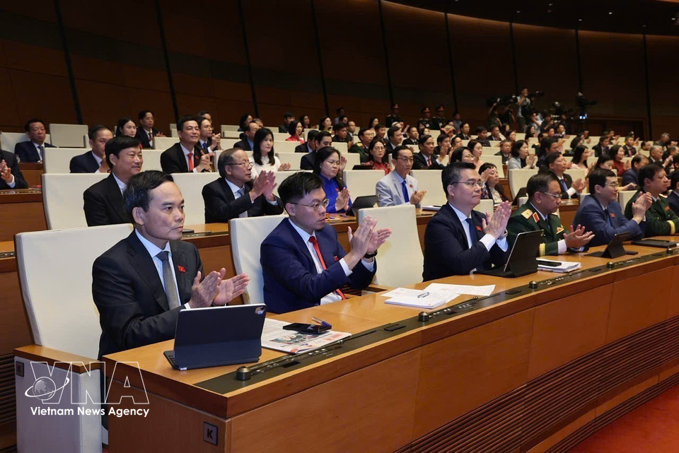 国会代表通过了关于选举第十六届国会代表、越共中央总书记苏林同志为2026-2031年任期国家主席的决议草案。图自越通社
