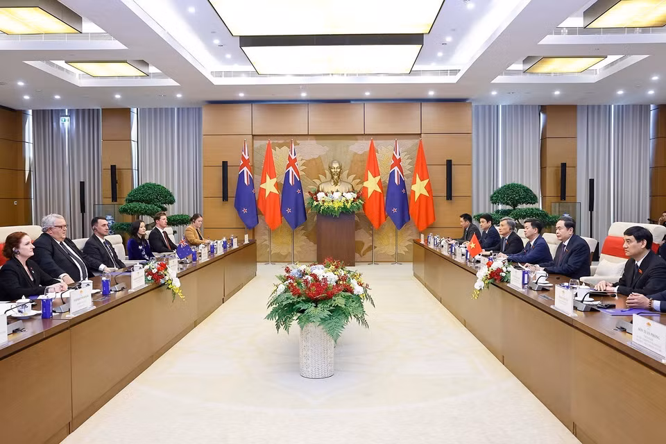 越南国会主席陈青敏与新西兰国会主席格里·布朗利举行会谈。图自越通社