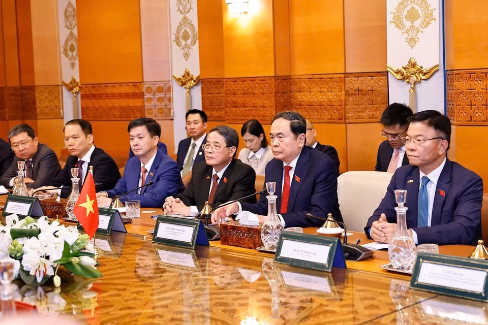 越南国会主席陈青敏发表讲话。图自越通社