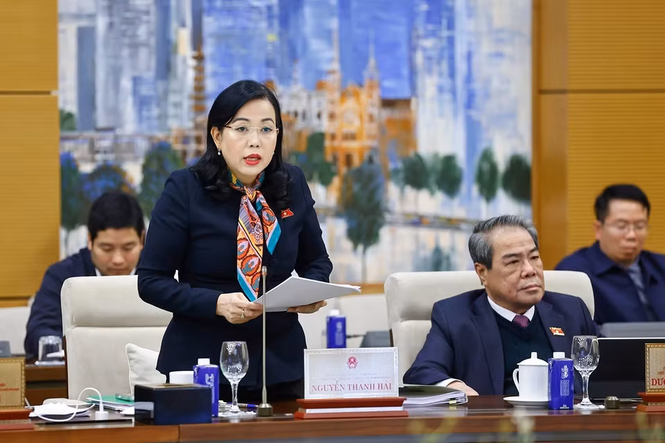 越南国会科技与环境委员会主任阮清海简要陈述审核报告。图自越通社