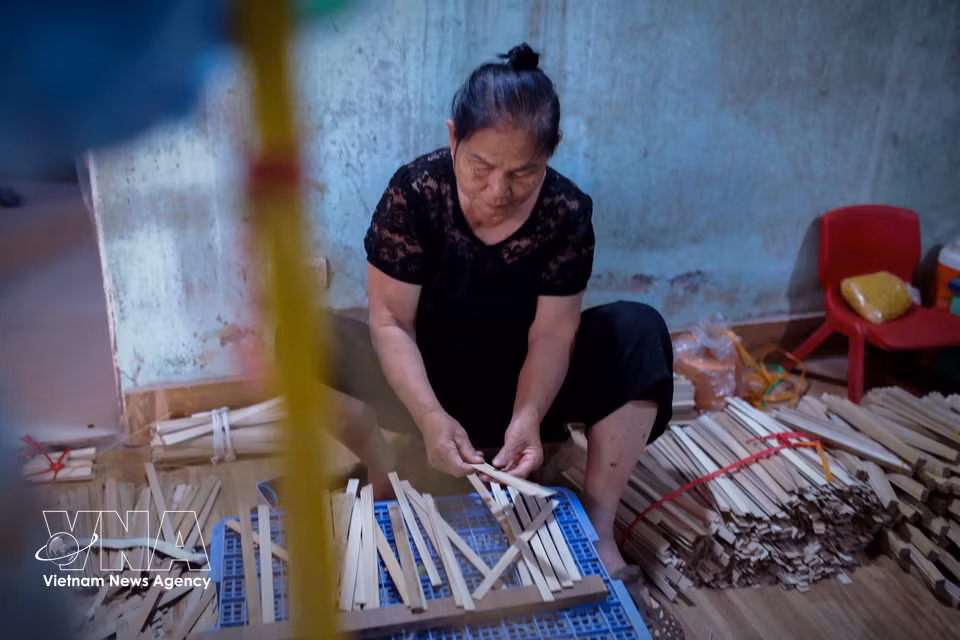 六婆，一位有50年制扇经验的工匠，正在精心挑选主要扇骨。图自越通社