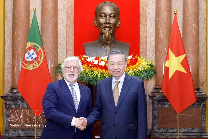 越共中央总书记、国家主席苏林与葡萄牙大使。图自越通社