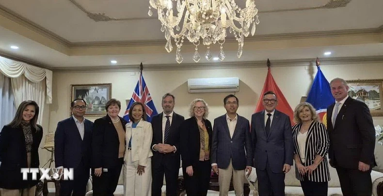 越南驻澳大利亚大使范雄心（右四）、澳大利亚-越南友好议员小组主席莎伦·克莱登（右五）与各位主要成员合影。图自越通社