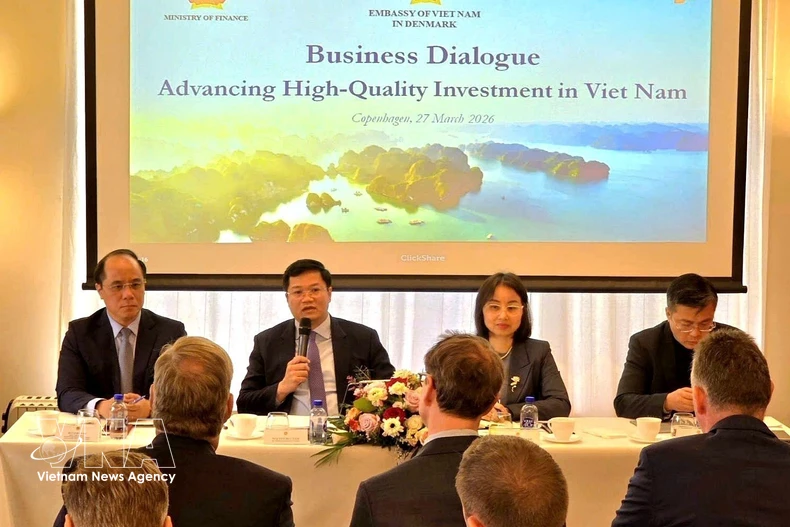 财政部副部长阮德心解答丹麦企业的提问。图自越通社