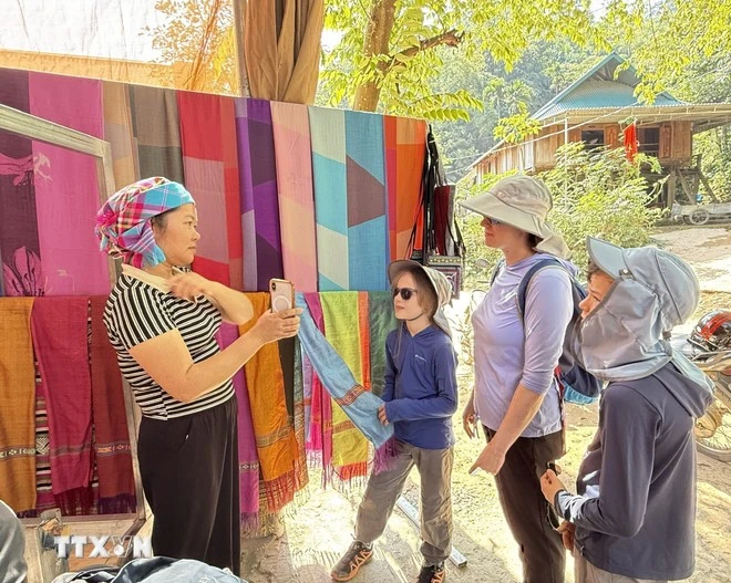 烂外村手工织锦产品深受外国游客青睐。图自越通社