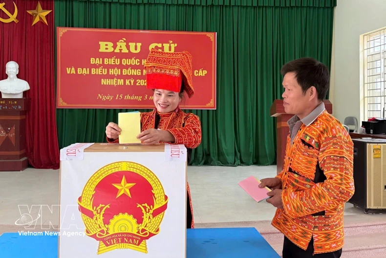 北宁省瑶族同胞进行投票。图自越通社