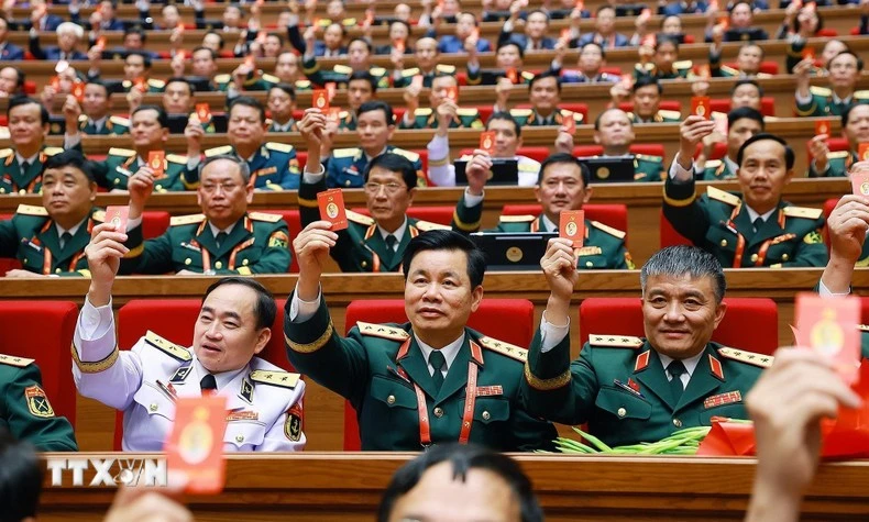 各位代表表决通过十四大决议。图自越通社