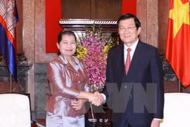 越南国家主席张晋创与柬埔寨皇家政府副首相梅森安亲切握手（图片来源：越通社）