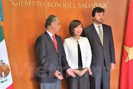 越南驻墨西哥大使黎玲兰（左）和墨西哥众议院外委会主席维克多·希奥尔加纳（中）、外务司司长哈维尔·维加（右）合影留念