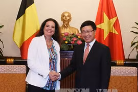 越南政府副总理兼 外长范平明副会见比利时参议长克里斯蒂娜·德弗莱涅。