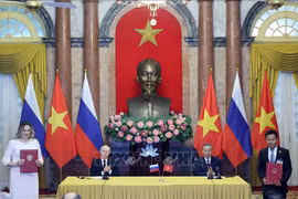 越南国家主席苏林与俄罗斯联邦总统弗拉基米尔·普京见证两国合作文件交接仪式。图自越通社