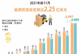 图表新闻：2021年前11月越南贸易顺差额达2.25亿美元
