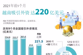 图表新闻：2021年前9个月越南吸引外资达220亿美元