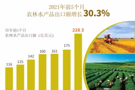 图表新闻：2021年前5个月农林水产品出口增长30.3%