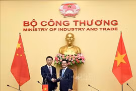 越南工贸部长阮鸿延与广西壮族自治区党委书记刘宁。图自越通社