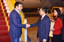 亚美尼亚议会议长抵达内排国际机场。图自越通社