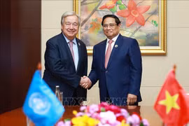 越南政府总理范明政会见联合国秘书长安东尼奥·古特雷斯。图自越通社