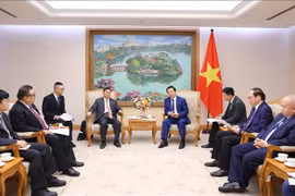 越南政府副总理陈红河在政府总部会见中国电力工程顾问集团有限公司党委书记、董事长罗必雄。图自越通社