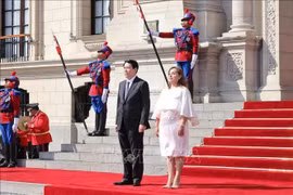 秘鲁共和国总统迪娜·埃尔西利娅·博鲁阿尔特·塞加拉主持了隆重仪式，欢迎越南国家主席梁强到访 图自越通社