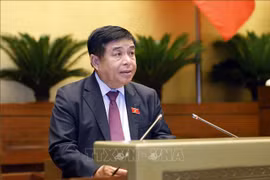 越南计划与投资部部长阮志勇在会上陈述关于乂安省发展的特殊机制和政策补充（试行）的决议草案的呈文。图自越通社