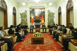 越共中央委员、中央军委委员、国防部副部长黄春战上将会见日本外务省副大臣船越健裕。图自越通社