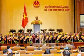国会主席阮氏金银向新当选的3位副总理和18位部长及其他政府成员赠送鲜花表示祝贺。