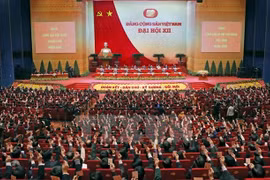 附图：与会代表表决通过越共十二大决议（图片来源：越通社）