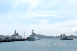 中国海军湘潭舰、舟山舰、巢湖舰编队访问金兰国际港。（图片来源：越通社）