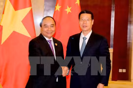 越南政府总理阮春福会见中共中央政治局常委、中国国务院副总理张高丽。（图片来源：越通社）