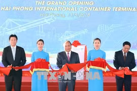 海防市国际集装箱港口迎接首艘集装箱船靠泊