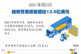 图表新闻：2021年前2月越南贸易顺差额达12.9亿美元