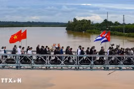 古巴代表团参观贤良-滨海两岸国家特别遗迹区的贤良大桥。图自越通社