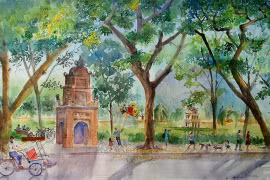《秋天的街道》水彩画作品。图自越共电子报