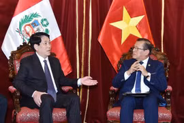 越南国家主席梁强会见秘鲁国会主席爱德华多·萨卢安纳。图自越通社