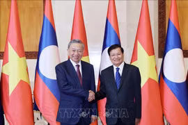 越南国家主席苏林和老挝人民革命党中央总书记、国家主席通伦合影（2024年7月11日）。图自越通社