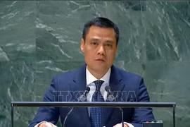 越南常驻联合国代表团团长邓黄江在庆典上发表讲话。图自越通社