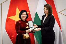 匈牙利外交与对外经济部国务秘书博格拉卡·伊莱斯（Illés Boglárka）代表匈牙利总统向阮氏碧草大使授予这一崇高勋章。图自越通社