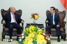 越南政府副总理陈红河（右）在政府驻地会见中国铁路工程集团有限公司（CREC）董事长陈云。图自越通社