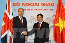 越南外交部长范平明与英国外交大臣哈蒙德握手