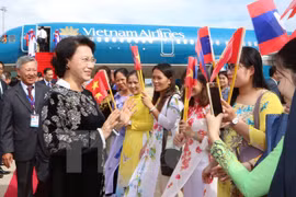 阮氏金银一行抵达金边国际机场