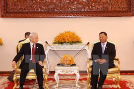 越共中央总书记阮富仲会见柬埔寨参议院主席赛宗。